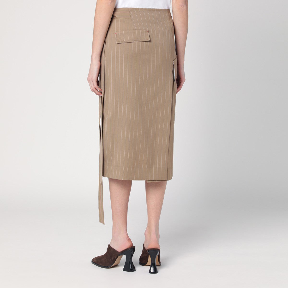 Victoria Beckham Sand-coloured pinstriped wrap skirt